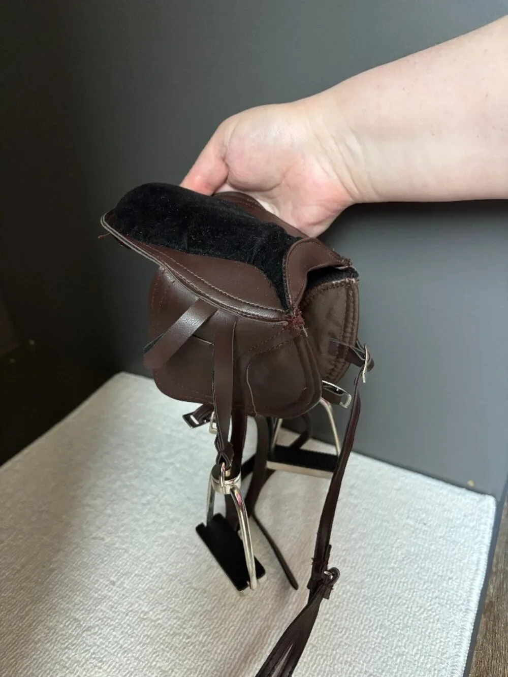 Vintage BATTAT/Our Generation horse saddle for doll-sized horse, metal+leather